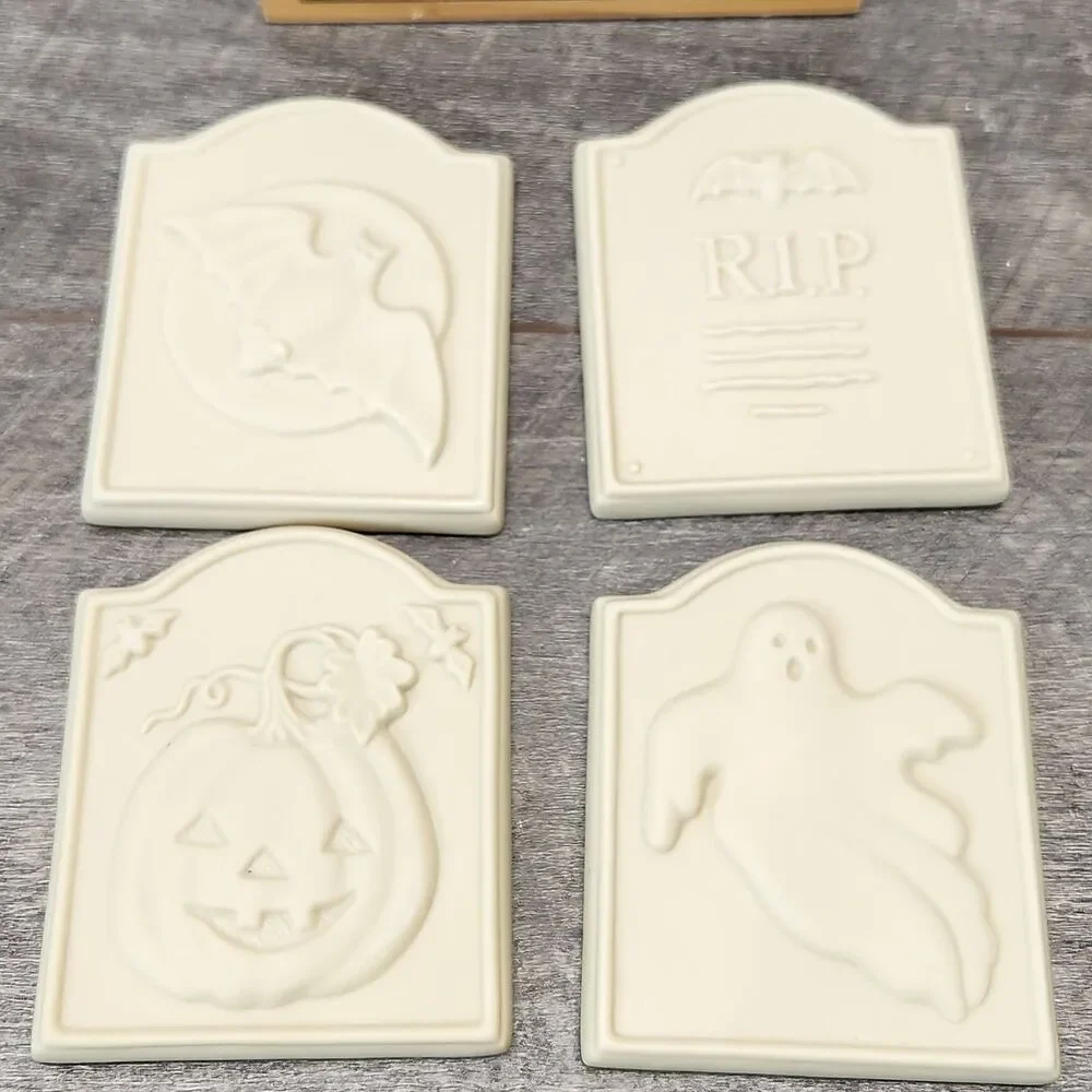 Vintage 2000 Brown Bag Set of Halloween Cookie Tiles Stamps Ghost Bat Tombstone